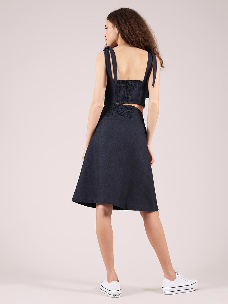 Linen Midi Skirt, Upcycled Linen, in Navy