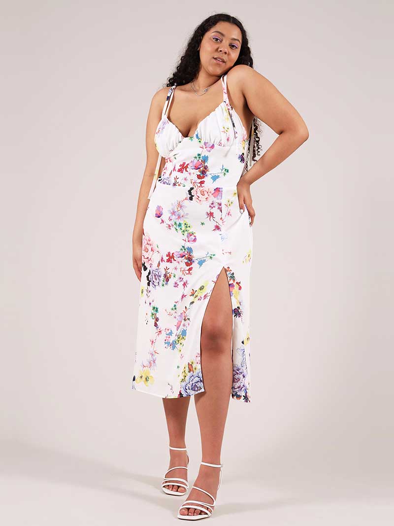 Flower Power Midi Dress with Slit, Upcycled Viscose, in White Flower Print