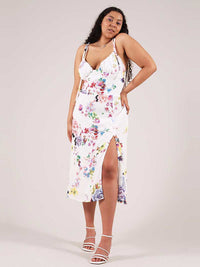 Flower Power Midi Dress with Slit, Upcycled Viscose, in White Flower Print