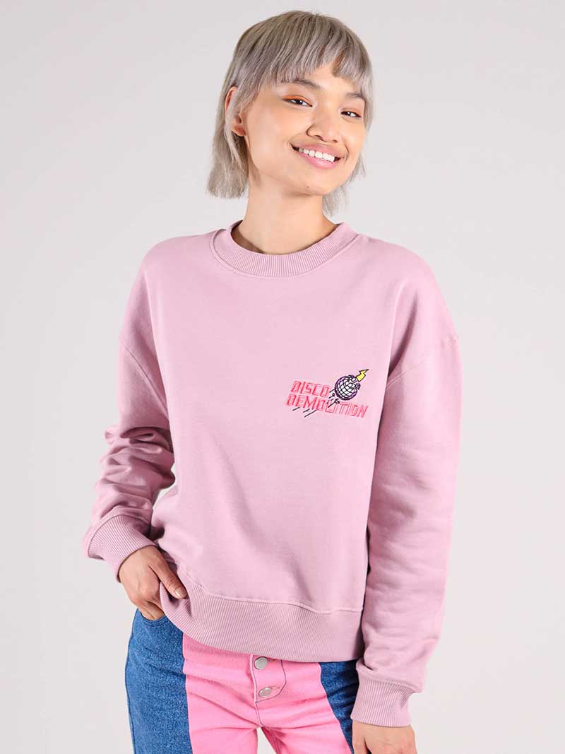 Disco Demolition Embroidered Sweatshirt, Organic Cotton, in Ash Pink