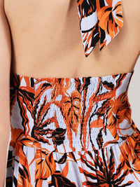 Beachy Halter Neck Mini Dress, Upcycled Viscose, in Blue & Orange Palm Print