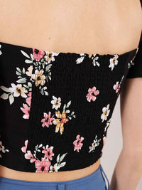 Flower Power Fitted Crop Top, Upcycled Viscose, in Black Flower Print