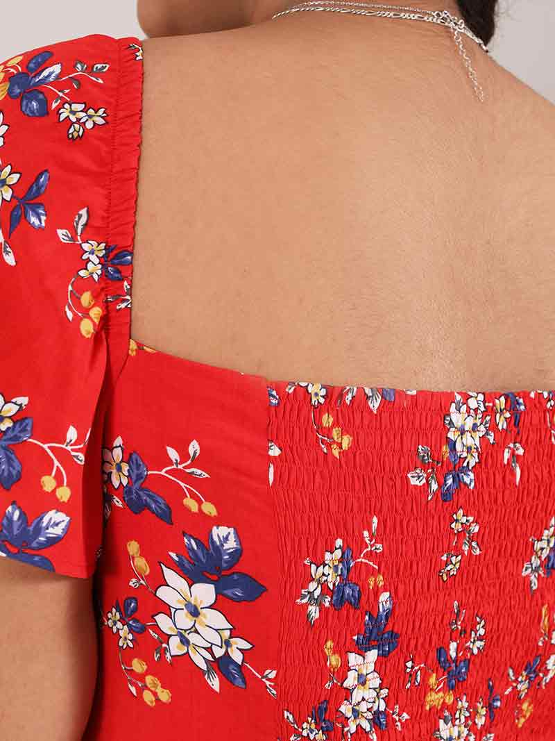 Flower Power Fitted Crop Top, Upcycled Viscose, in Red Flower Print
