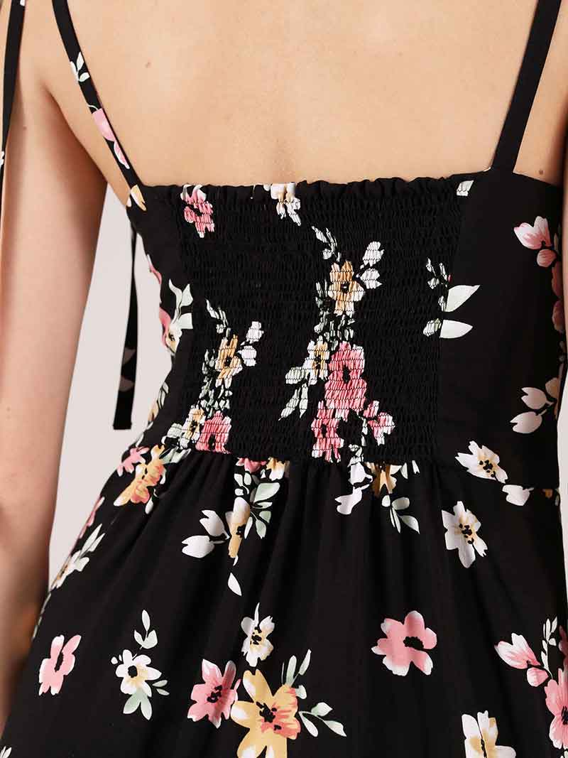 Flower Power Midi Dress with Slit, Upcycled Viscose, in Black Flower Print