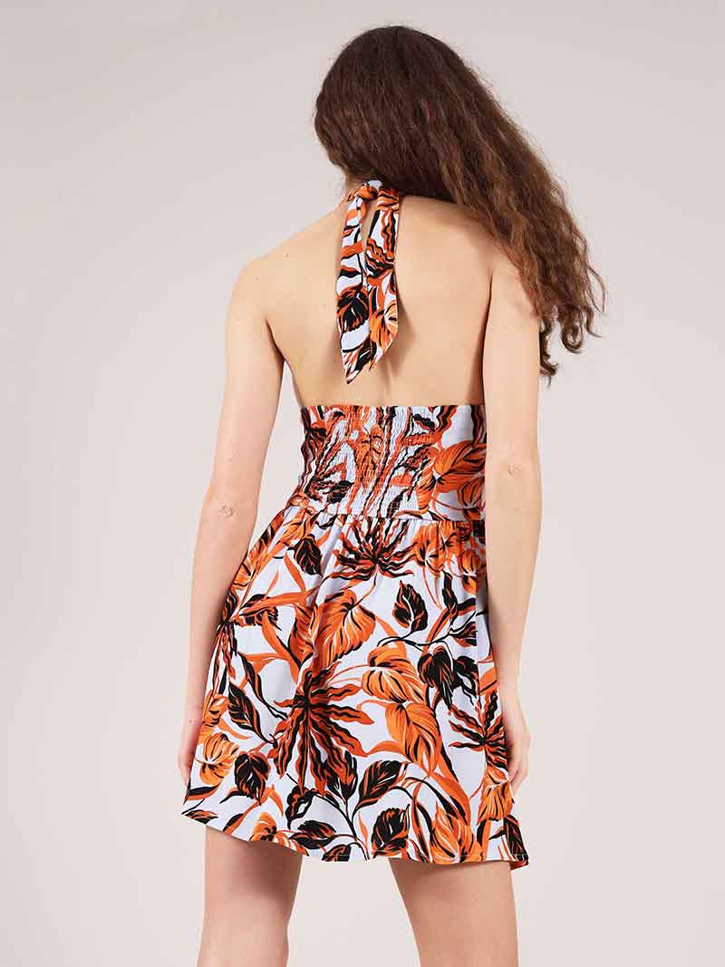 Beachy Halter Neck Mini Dress, Upcycled Viscose, in Blue & Orange Palm Print