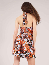 Beachy Halter Neck Mini Dress, Upcycled Viscose, in Blue & Orange Palm Print