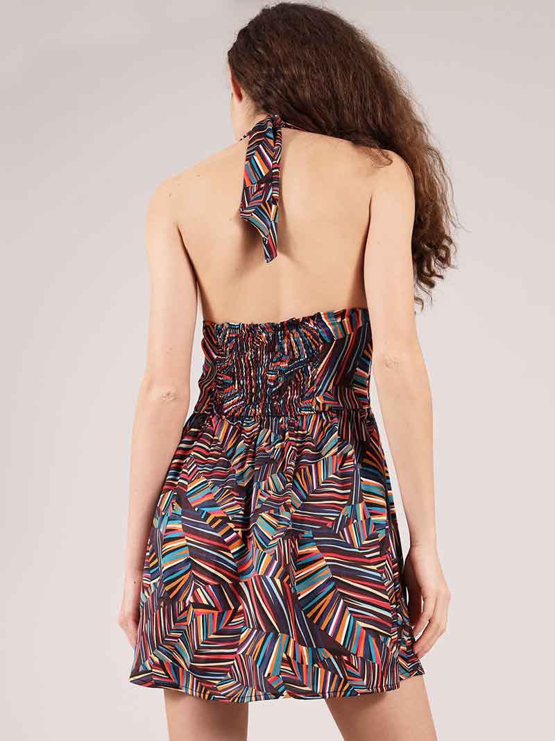 Beachy Halter Neck Mini Dress, Upcycled Viscose, in Colourful Print