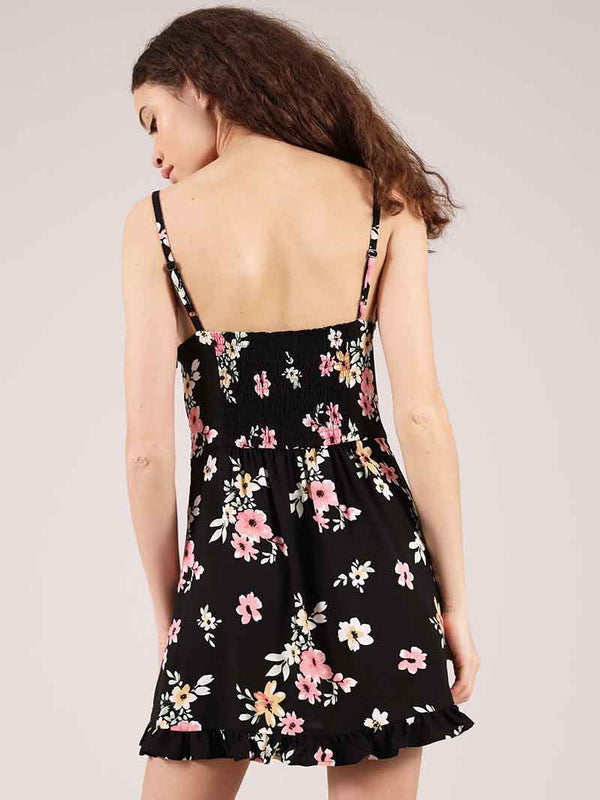 Flower Power Mini Dress, Upcycled Viscose, in Black Flower Print