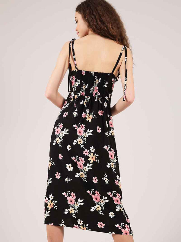 Flower Power Midi Dress with Slit, Upcycled Viscose, in Black Flower Print