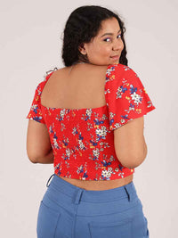 Flower Power Fitted Crop Top, Upcycled Viscose, in Red Flower Print
