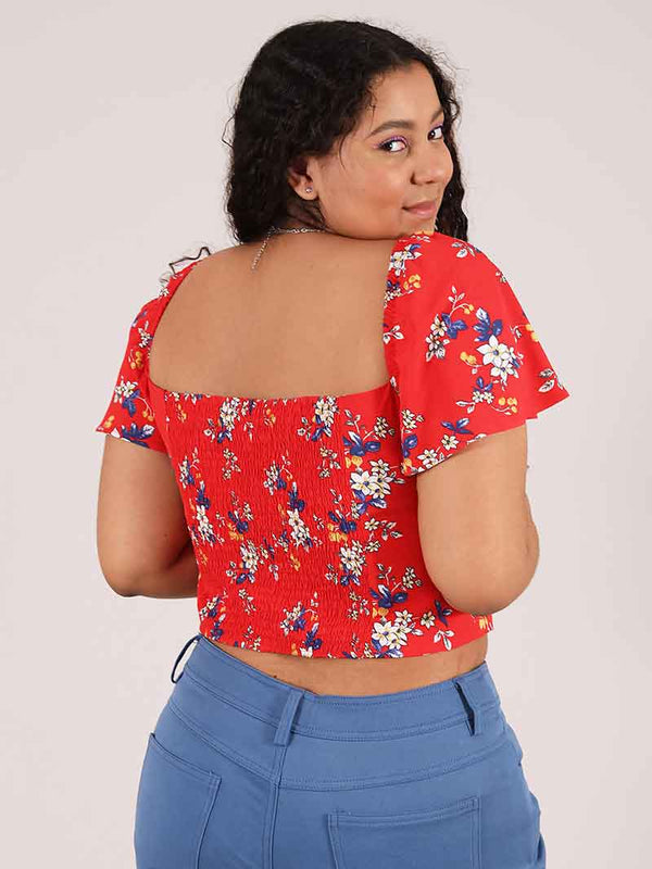 Flower Power Fitted Crop Top, Upcycled Viscose, in Red Flower Print