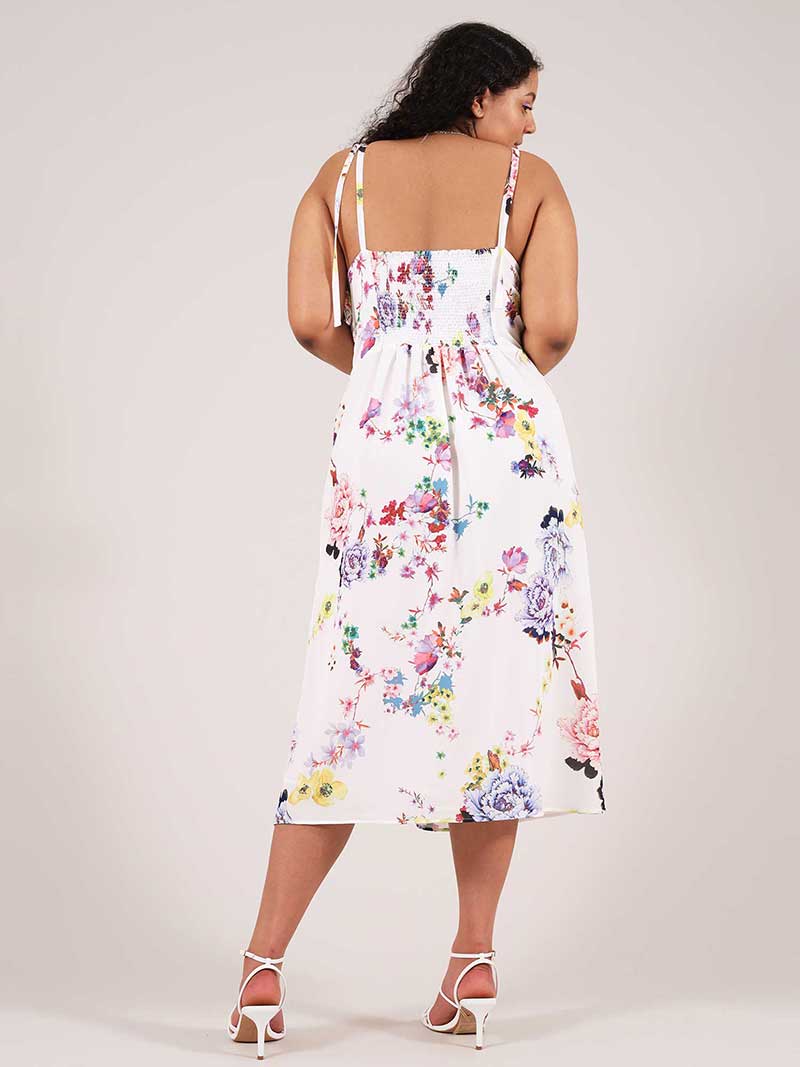 Flower Power Midi Dress with Slit, Upcycled Viscose, in White Flower Print