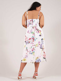 Flower Power Midi Dress with Slit, Upcycled Viscose, in White Flower Print
