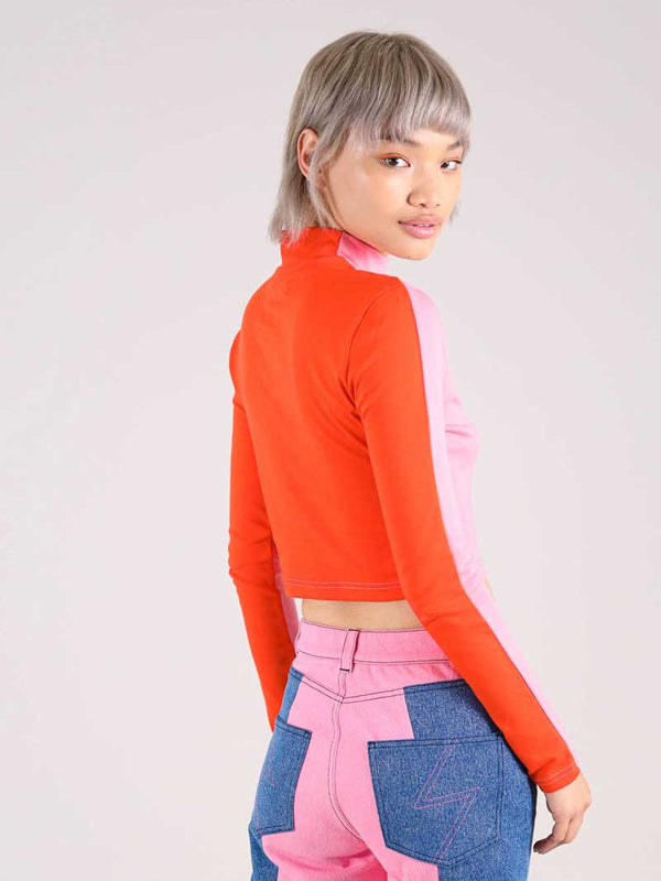 Bougie Crop Turtleneck Top, BCI Cotton, in Pink & Red