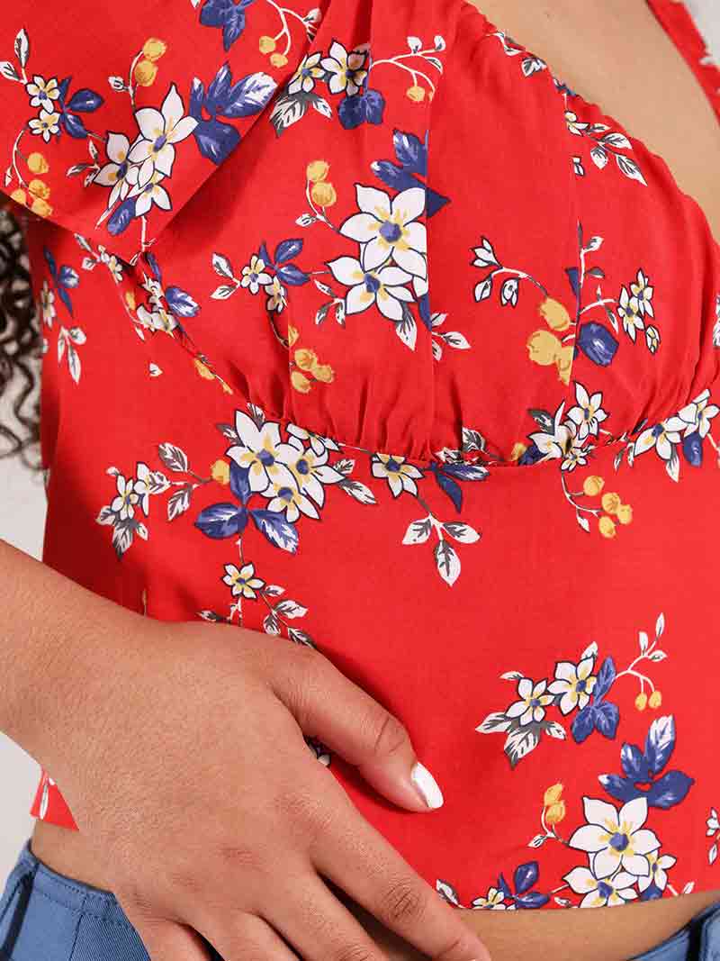 Flower Power Fitted Crop Top, Upcycled Viscose, in Red Flower Print