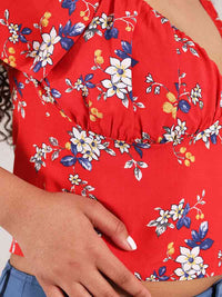 Flower Power Fitted Crop Top, Upcycled Viscose, in Red Flower Print