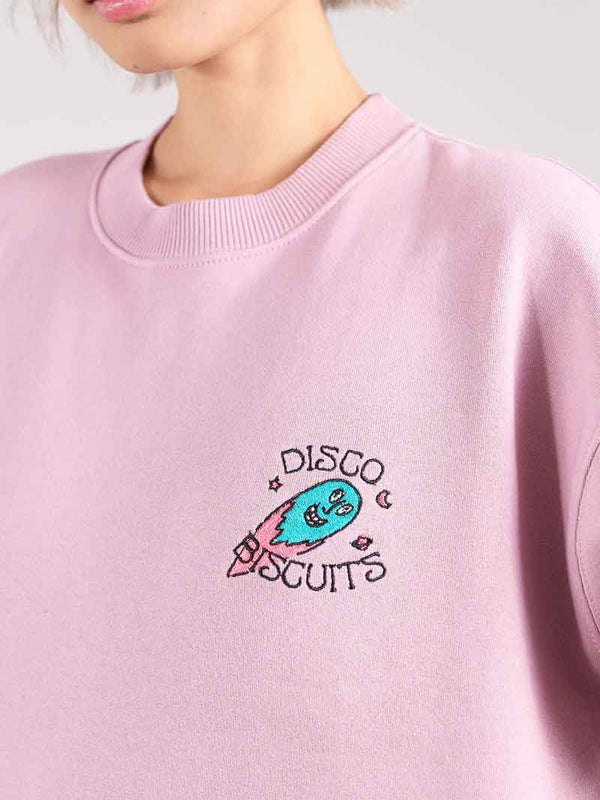 Disco Trip Embroidered Sweatshirt, Organic Cotton, in Ash Pink
