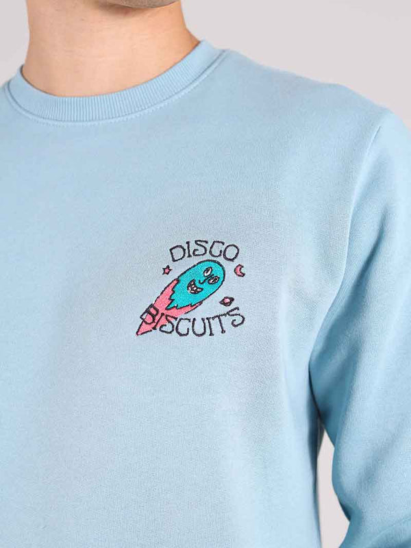 Disco Trip Embroidered Mens Sweatshirt, Organic Cotton, in Light Blue