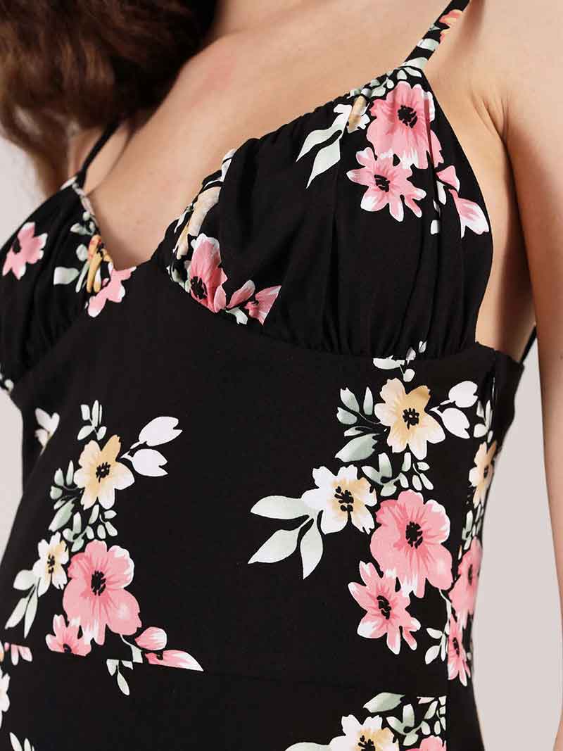 Flower Power Mini Dress, Upcycled Viscose, in Black Flower Print