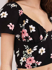 Flower Power Fitted Crop Top, Upcycled Viscose, in Black Flower Print