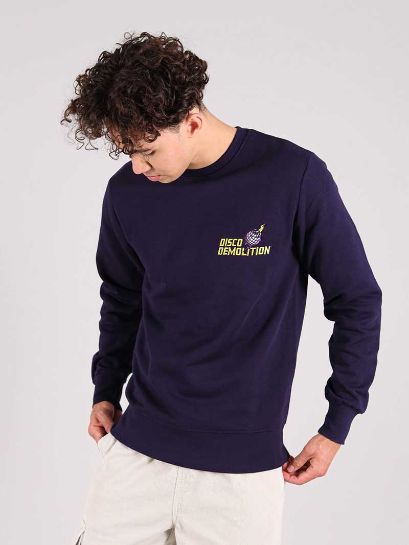 Disco Demolition Embroidered Mens Sweatshirt, Organic Cotton, in Navy