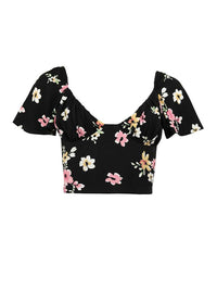 Flower Power Fitted Crop Top, Upcycled Viscose, in Black Flower Print