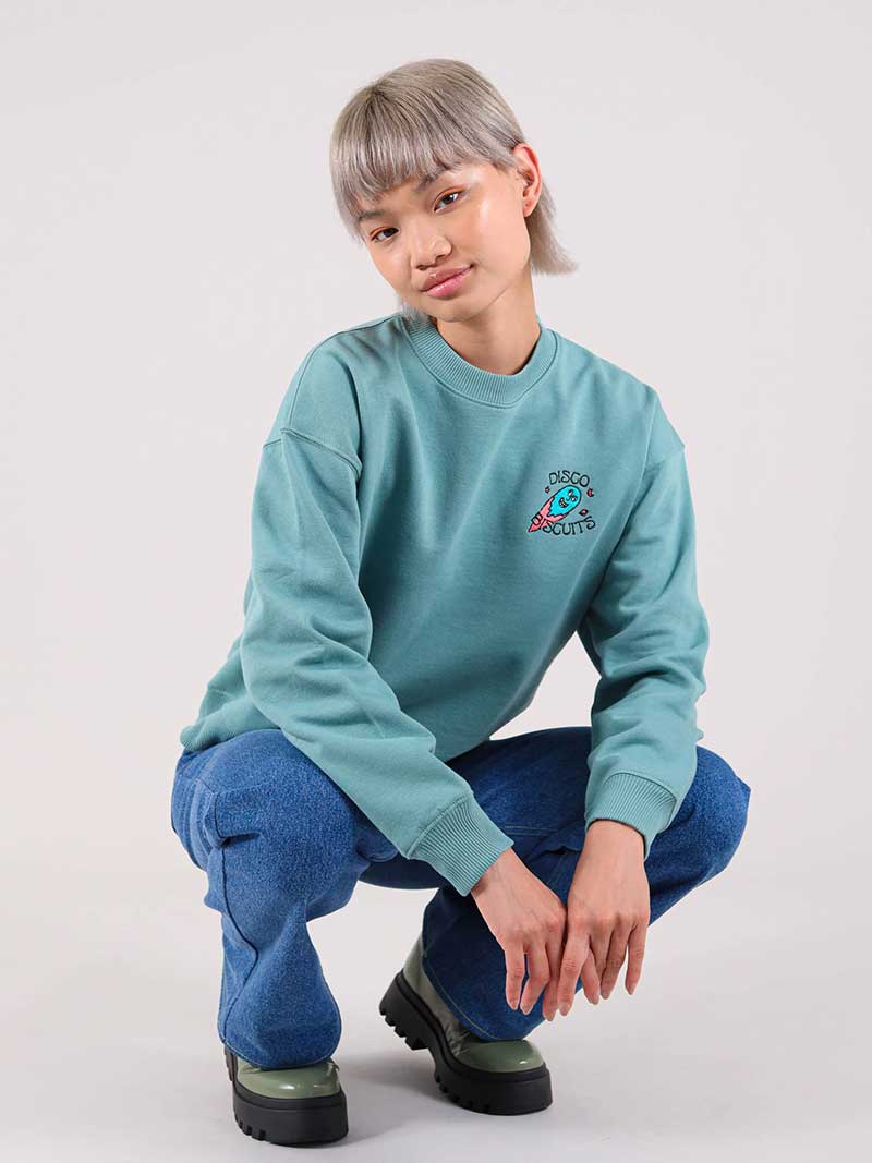 Disco Trip Embroidered Sweatshirt, Organic Cotton, in Turquoise Green