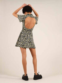 Rebel Backless Mini Dress, Upcycled Viscose, in Black Flower Print