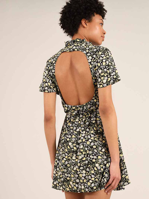 Rebel Backless Mini Dress, Upcycled Viscose, in Black Flower Print