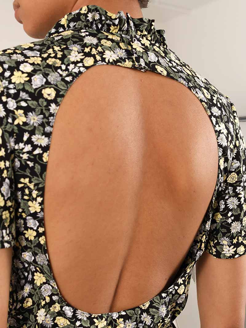 Rebel Backless Mini Dress, Upcycled Viscose, in Black Flower Print