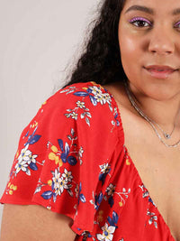 Flower Power Fitted Crop Top, Upcycled Viscose, in Red Flower Print