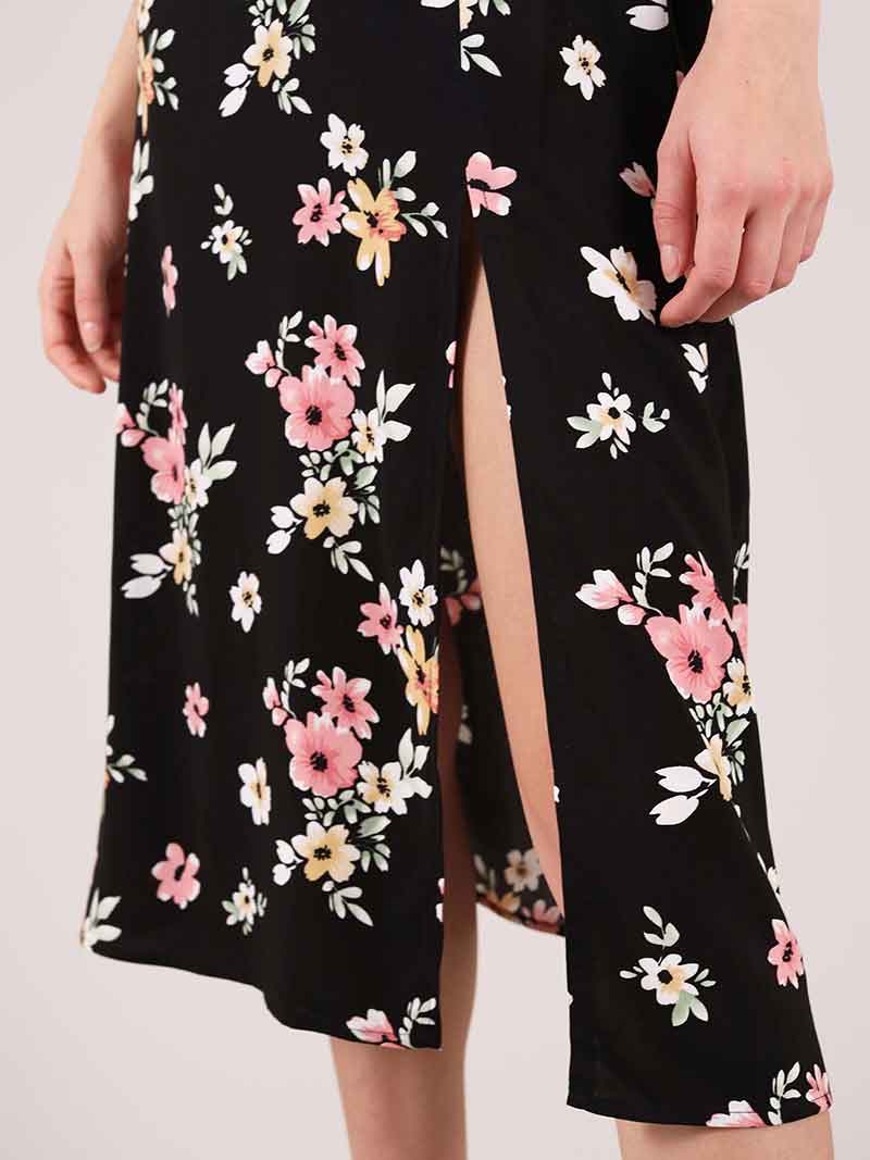 Flower Power Midi Dress with Slit, Upcycled Viscose, in Black Flower Print