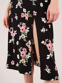 Flower Power Midi Dress with Slit, Upcycled Viscose, in Black Flower Print