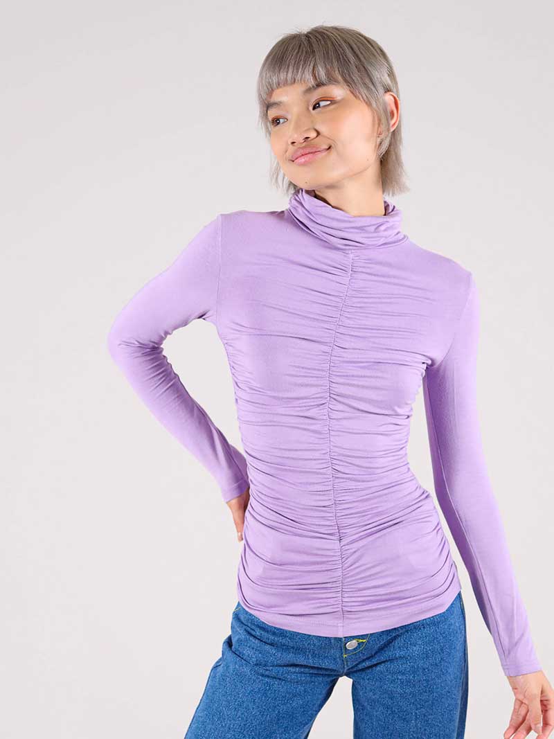 Tangle Gathered Turtleneck, Upcycled Cotton, in Lilac
