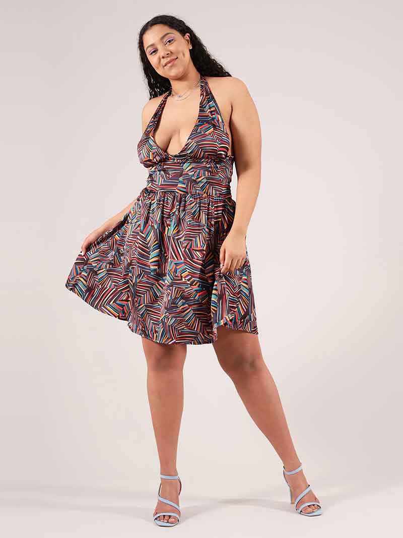 Beachy Halter Neck Mini Dress, Upcycled Viscose, in Colourful Print