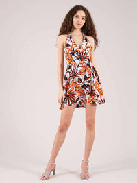 Beachy Halter Neck Mini Dress, Upcycled Viscose, in Blue & Orange Palm Print
