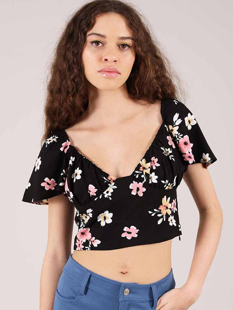 Flower Power Fitted Crop Top, Upcycled Viscose, in Black Flower Print