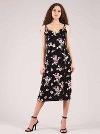 Flower Power Midi Dress with Slit, Upcycled Viscose, in Black Flower Print