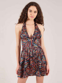 Beachy Halter Neck Mini Dress, Upcycled Viscose, in Colourful Print