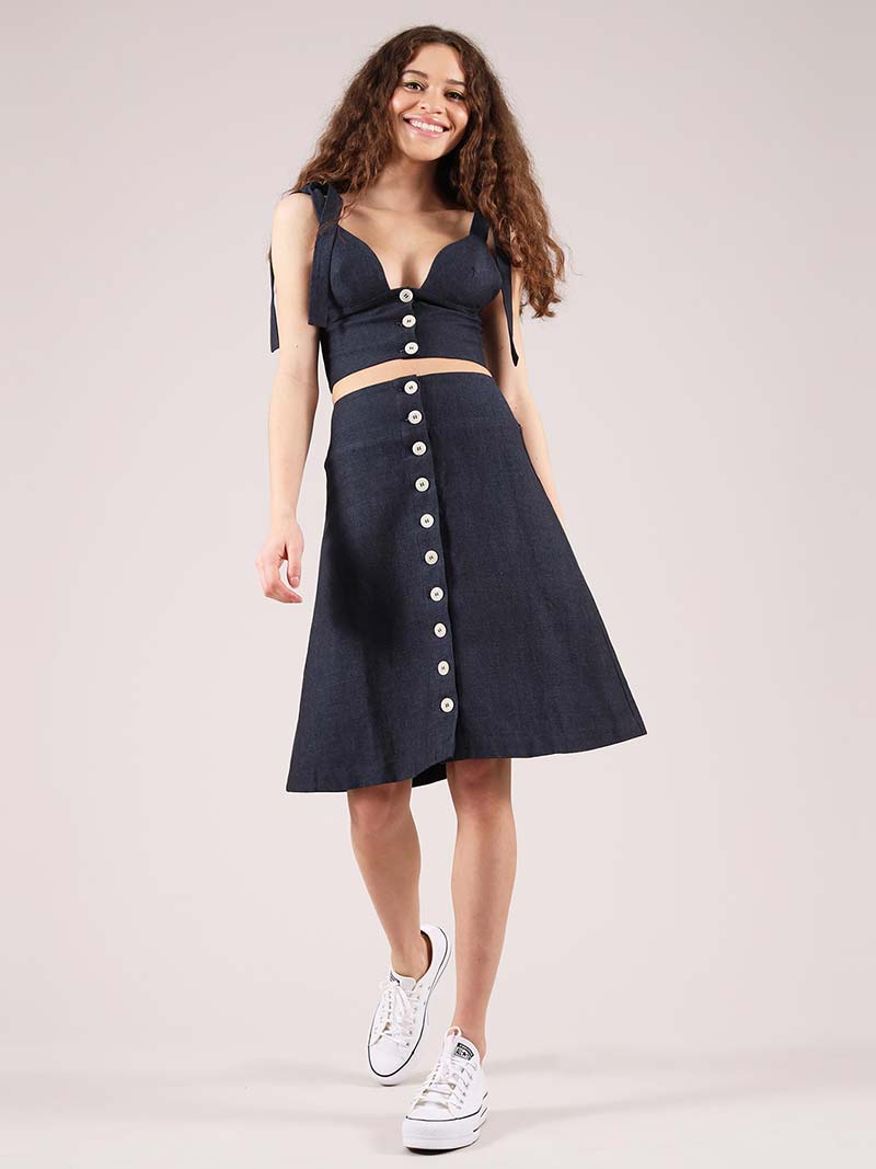 Linen Midi Skirt, Upcycled Linen, in Navy