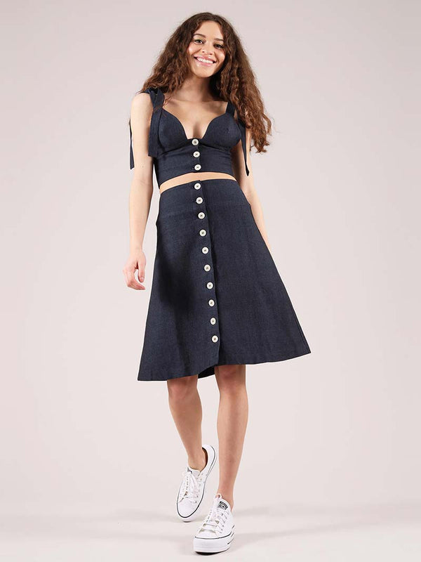 Linen Midi Skirt, Upcycled Linen, in Navy