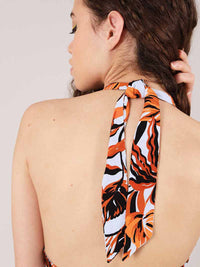 Beachy Halter Neck Mini Dress, Upcycled Viscose, in Blue & Orange Palm Print