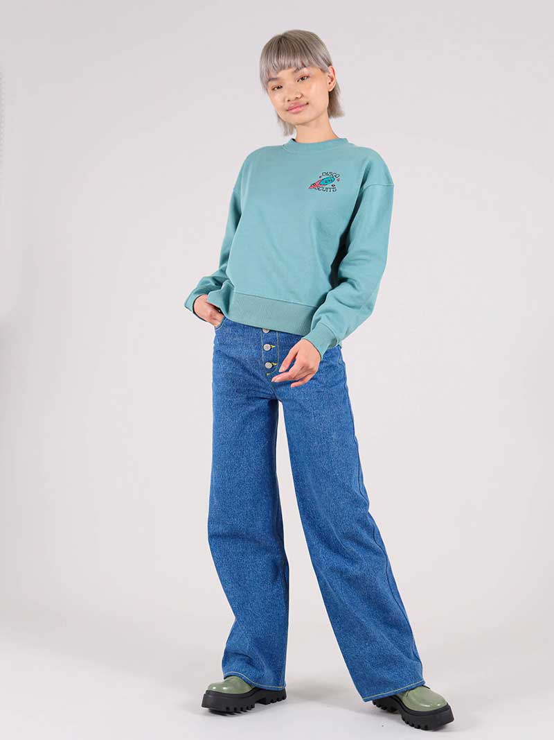 Disco Trip Embroidered Sweatshirt, Organic Cotton, in Turquoise Green