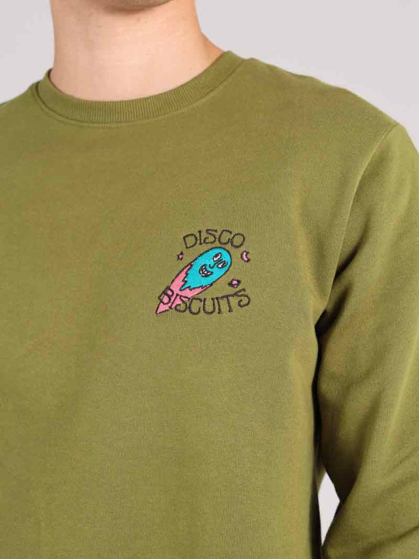 Disco Trip Embroidered Mens Sweatshirt, Organic Cotton, in Khaki Green