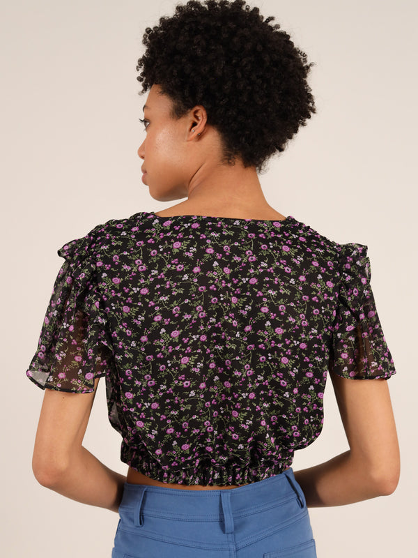 Wildflower Surplice Crop Top, Upcycled Polyester, in Black Flower Print