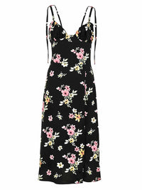 Flower Power Midi Dress with Slit, Upcycled Viscose, in Black Flower Print