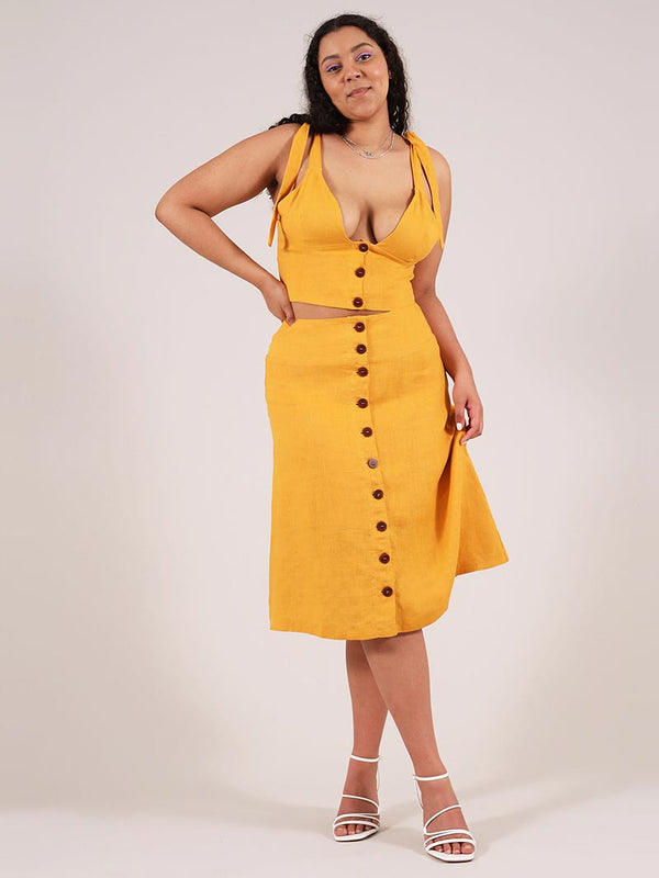 Linen Midi Skirt, Upcycled Linen, in Yellow
