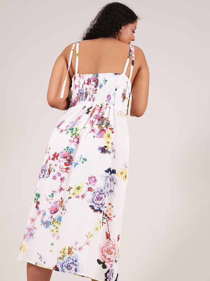 Flower Power Midi Dress with Slit, Upcycled Viscose, in White Flower Print