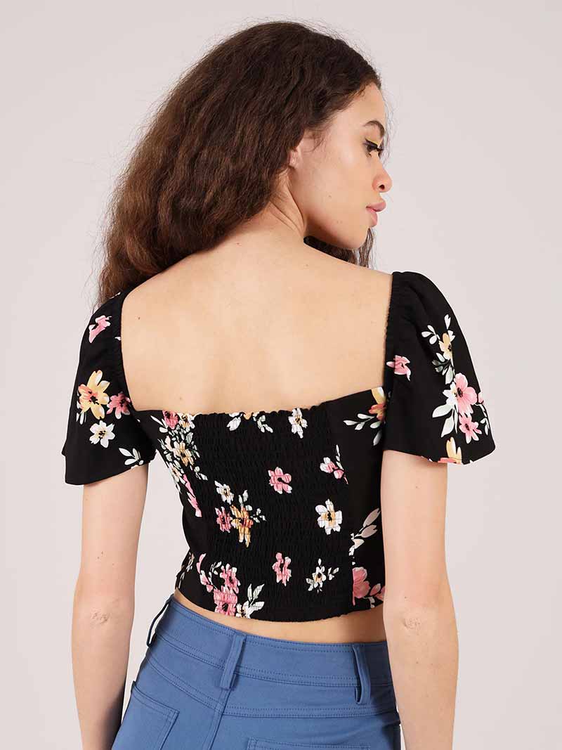 Flower Power Fitted Crop Top, Upcycled Viscose, in Black Flower Print