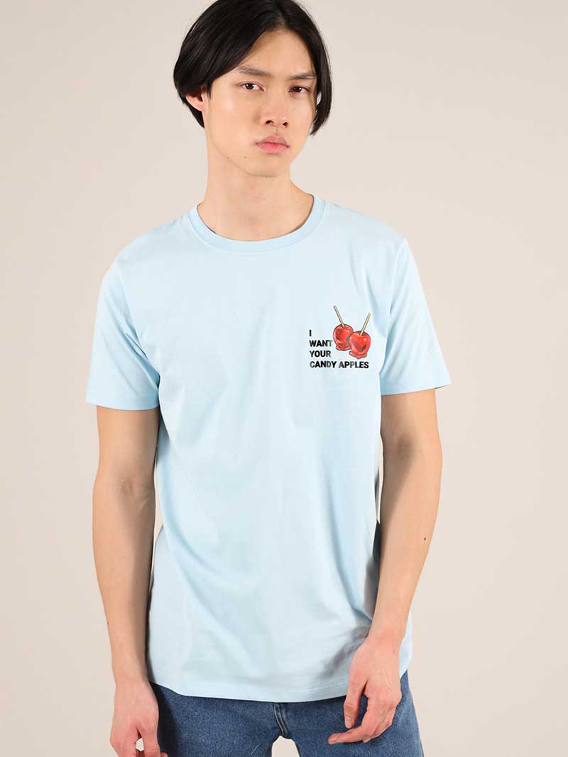 Candy Apples Mens Tee, Organic Cotton, in Light Blue